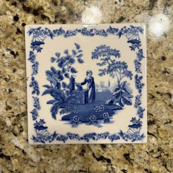 SPODE Blue Room Square Hanging TRIVET Tea Tile 6” Lady at the Well - Picture 1 of 2